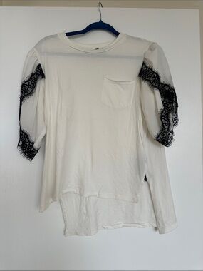 The Kooples White Pullover Top with Black Lace Sleeve Accents